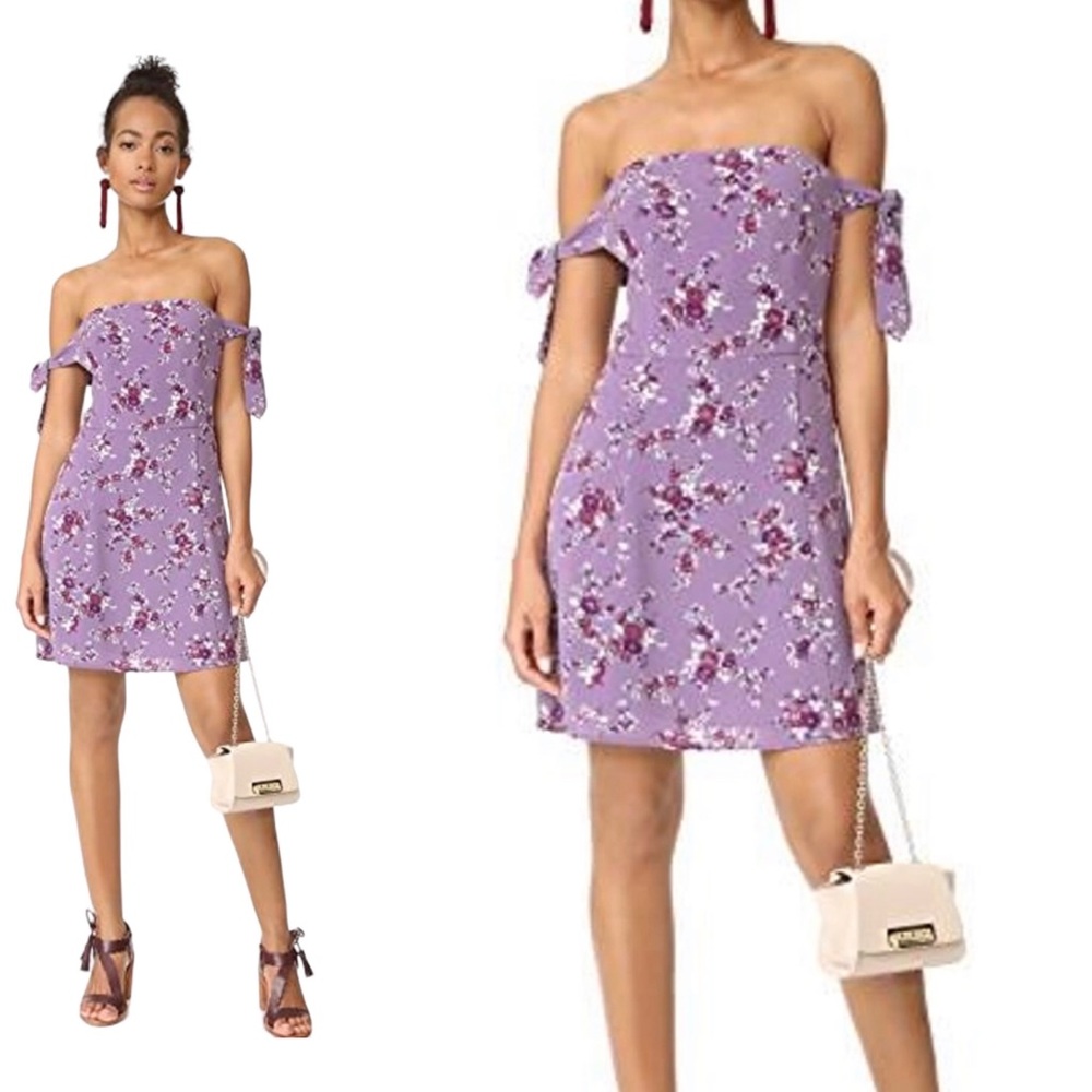 NWT 
DUFFY MINI DRESS IN LAVENDER FLORAL
A shoulder-baring WAYF floral dress